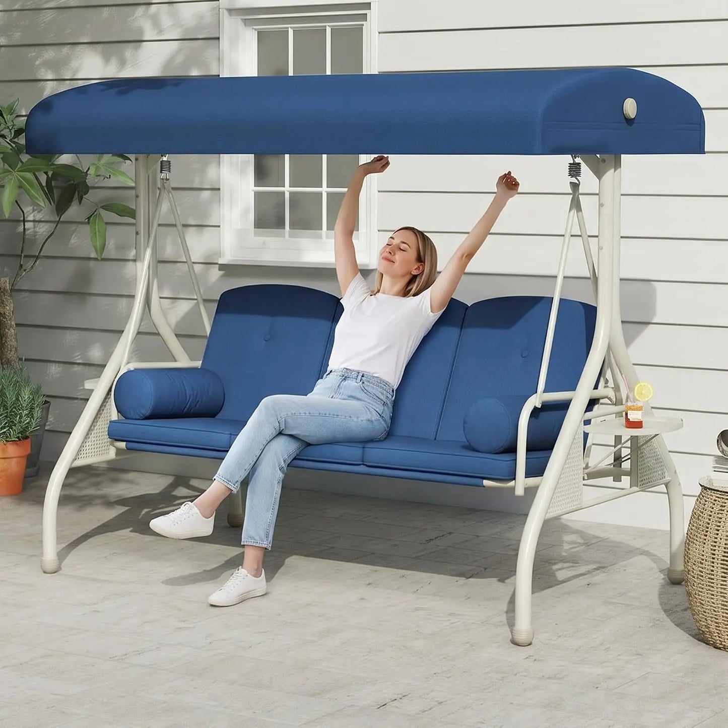 Porch Swing With Stand And Adjustable Canopy For Outdoor Patio