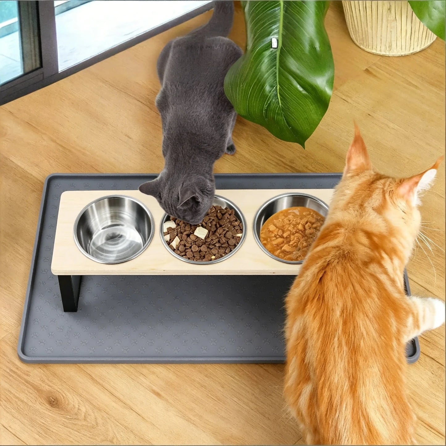 Elevated Cat Feeder With Bamboo Stand And Stainless Steel Bowls