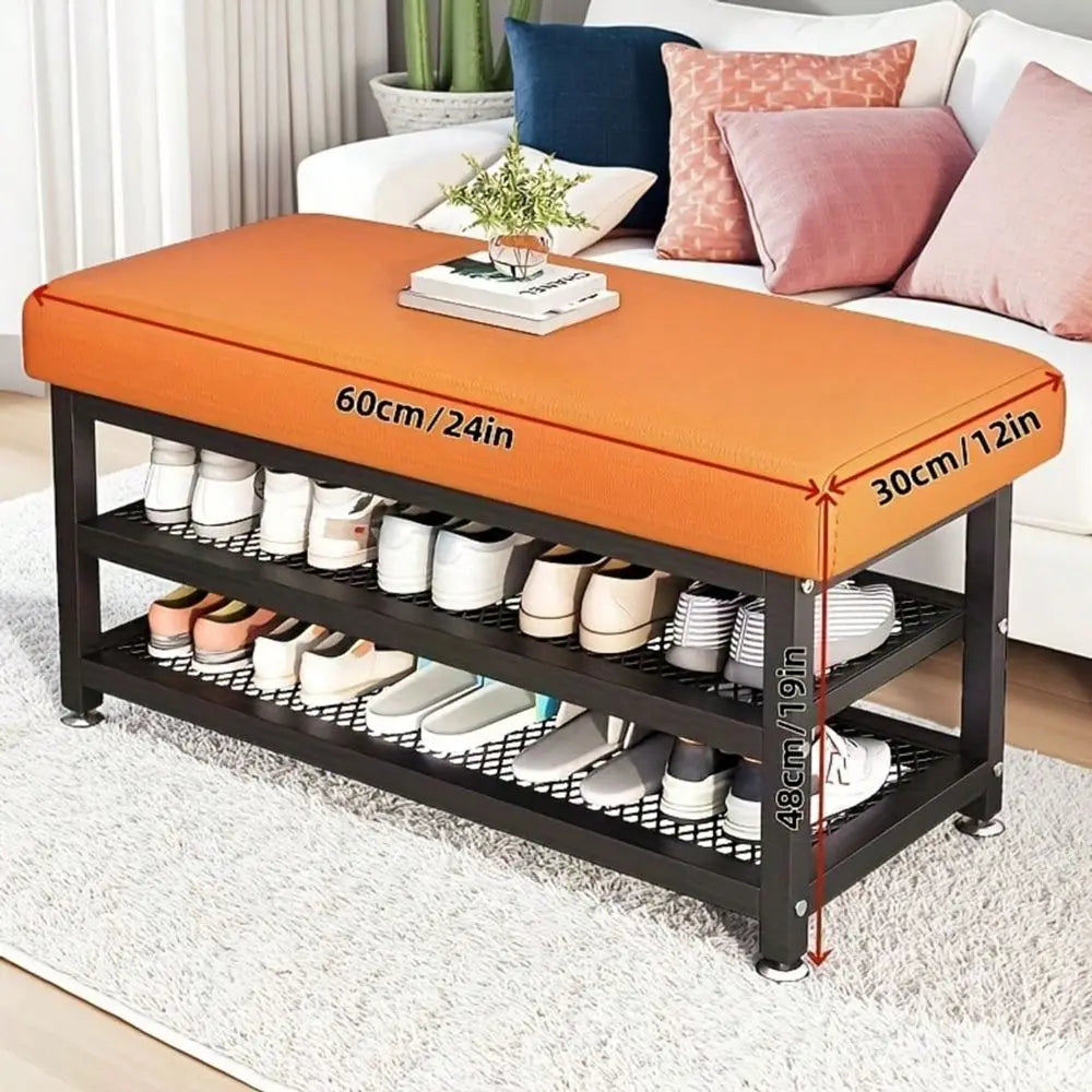 Storage Bench With Cushioned Seat And Metal Frame Shoe Organizer