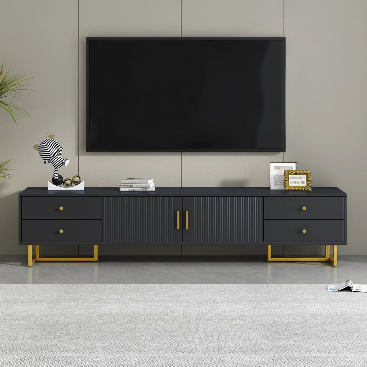TV Stand for 65+ Inch TV, Entertainment Center Media Console Table with Storage, Modern TV Console Cabinet with 4 Drawers and 1 Cabinet, Wave Groove Door Design, T-Shaped Metal Frame, Living Room Furniture