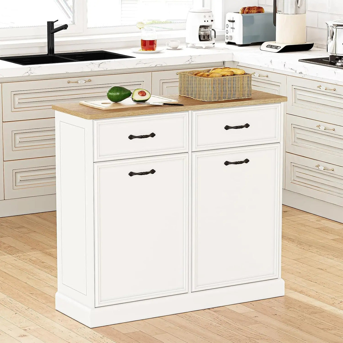 Double Tilt Out Trash Can Cabinet with Storage Drawer 20 galon, Hidden Trash Storage Cabinet, Freestanding White Garbage Can Cabinet, Pet Food Storage, for Kitchen Dining Living Room