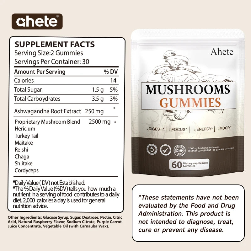 Ahete Mushroom Gummies Seven Mushroom Blend For Digestive Support