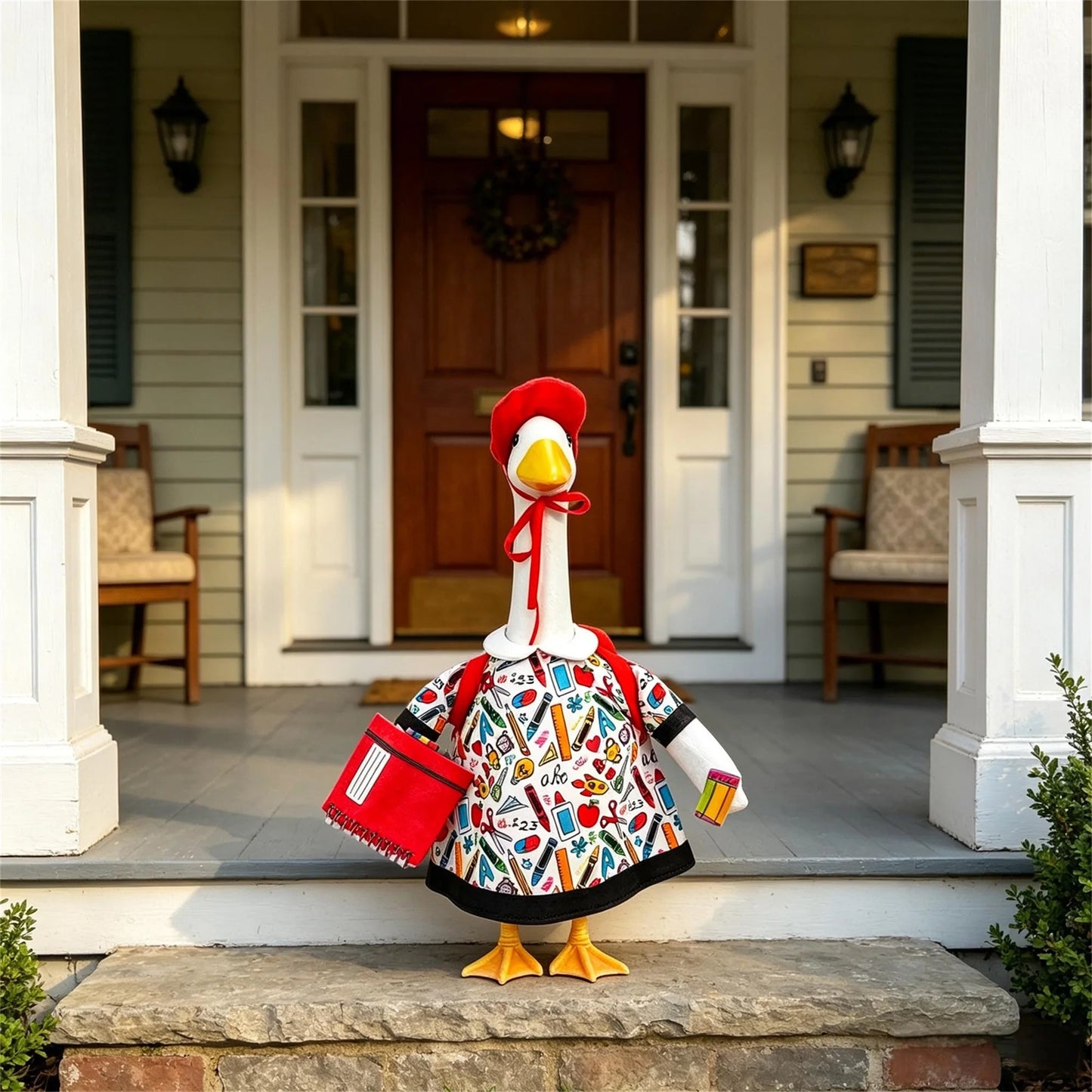 Apple Print Porch Goose School Outfit With Hat And Bag