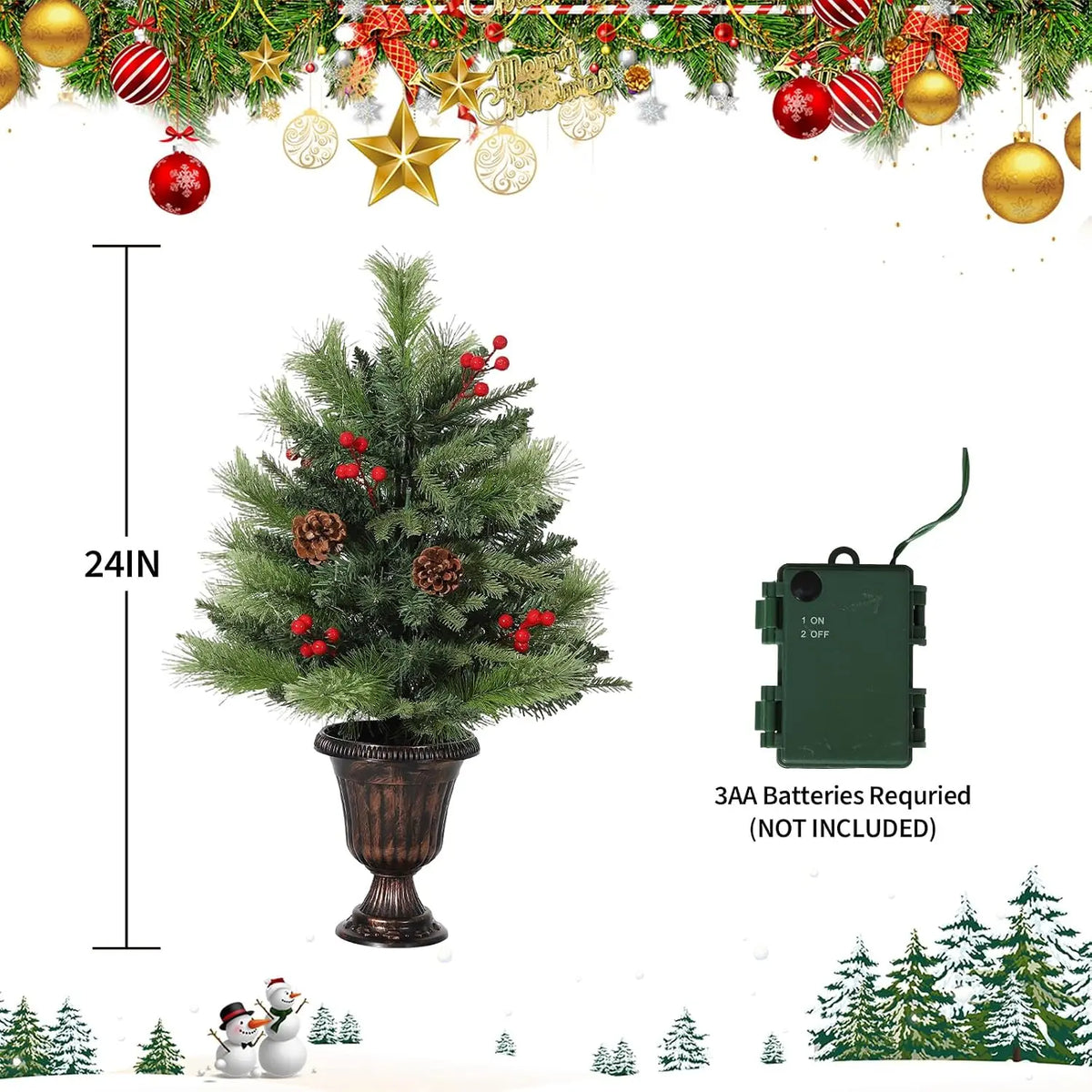 2FT Mini Tabletop Christmas Tree with 40 Warm LED Lights, Pine Cone & Red Berry – Artificial Pre-Lit Xmas Tree for Home Office Indoor Outdoor Decor