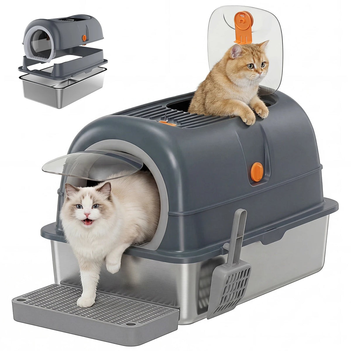 Fully Enclosed Stainless Steel Cat Litter Box With Scoop Included