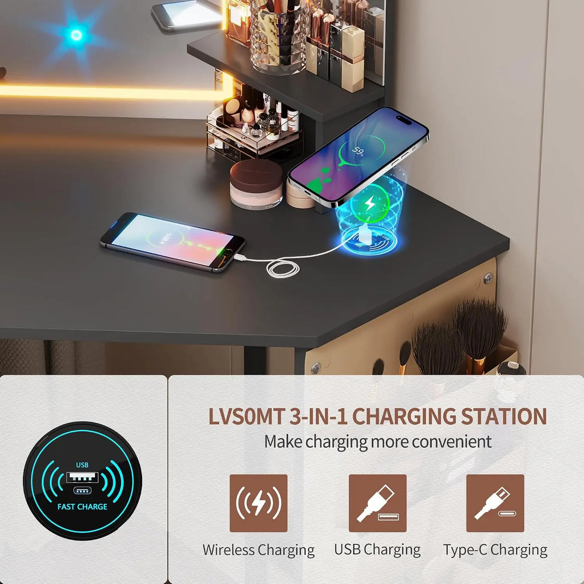 Modern Corner Vanity Desk With Illuminated Mirror And Charging Hub