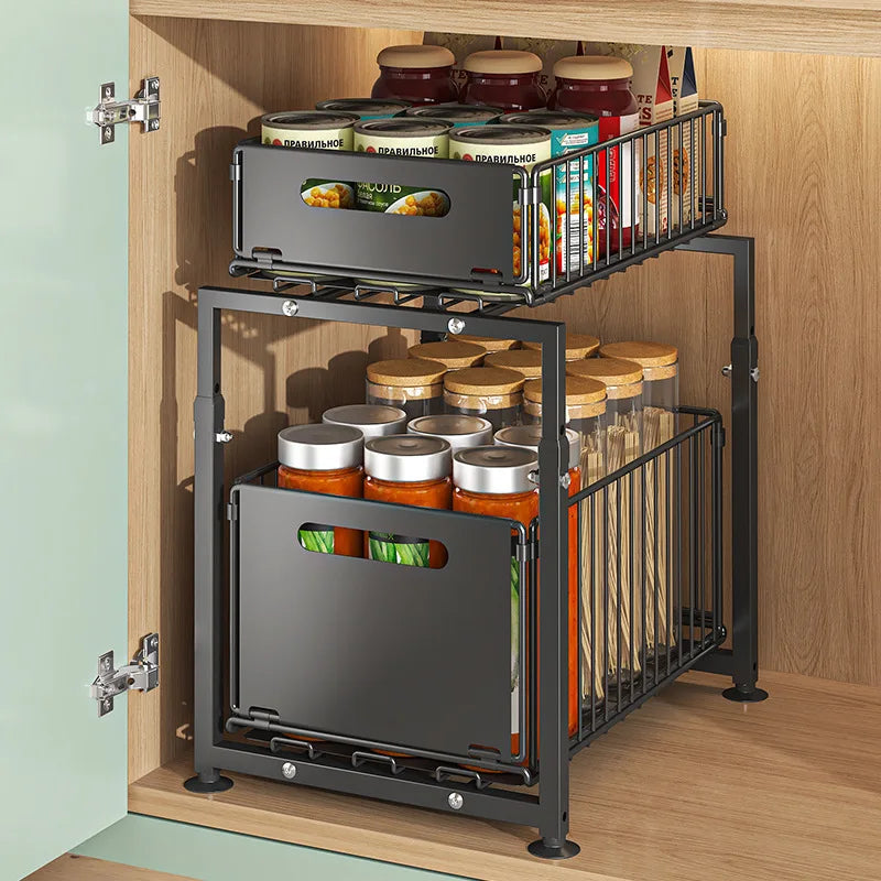 Aehome Adjustable Under Sink Slide Out Cabinet Metal Organizer