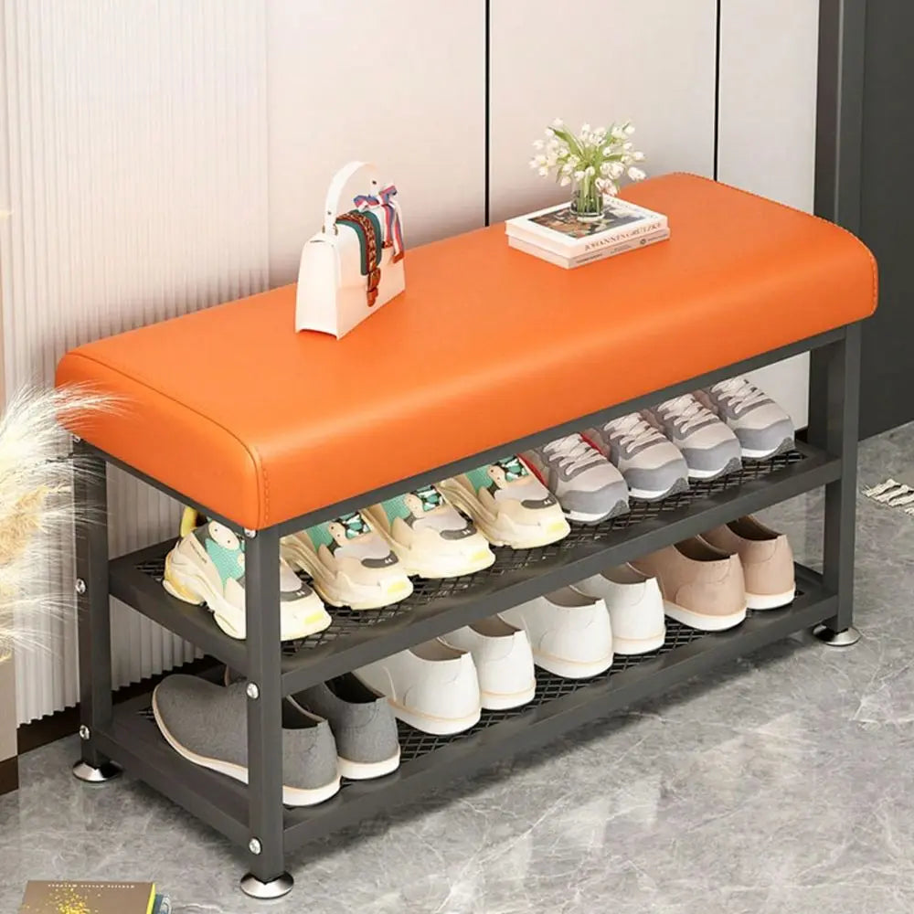 Storage Bench With Cushioned Seat And Metal Frame Shoe Organizer