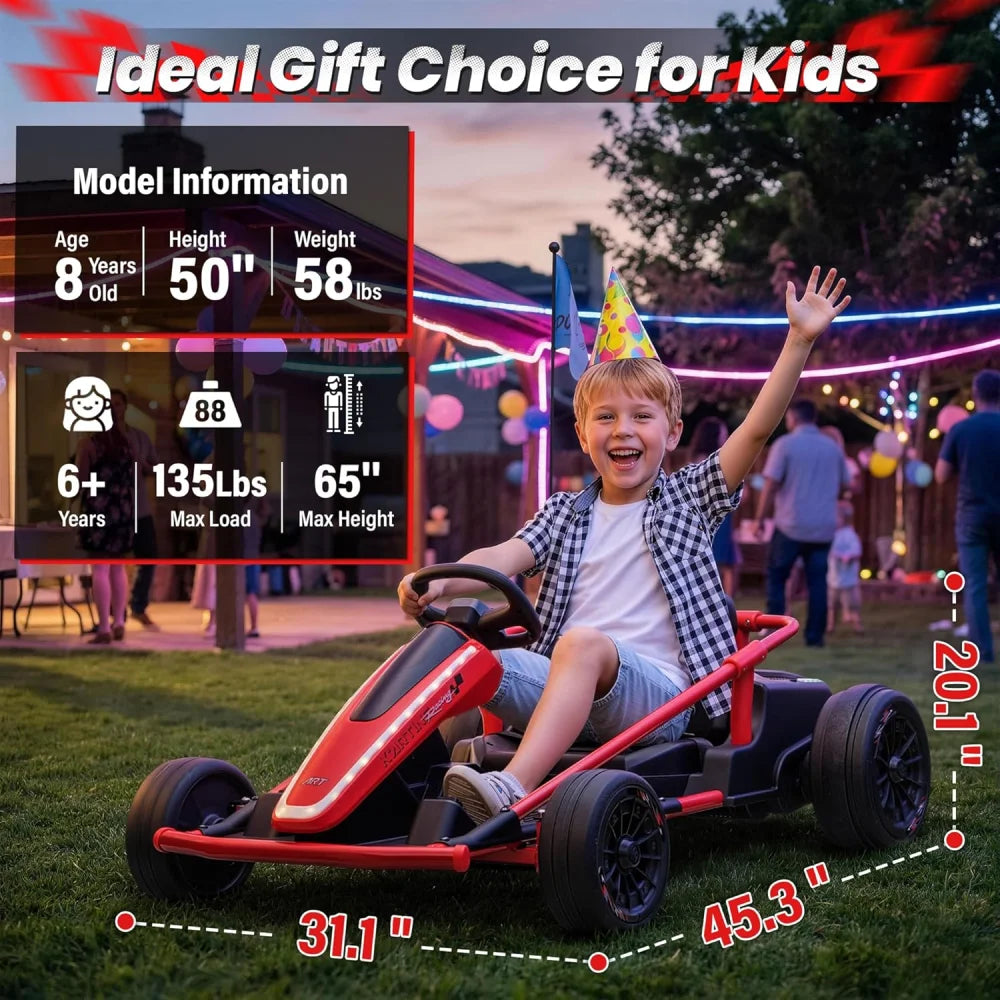 24V Kids Electric Go Kart Dual Motor Ride On Car with Remote Control, 5-10MPH 3 Speed Drift Kart for Kids, Bluetooth Music LED Lights, Max Load 135Lbs Outdoor Ride On Toy Vehicle Gift