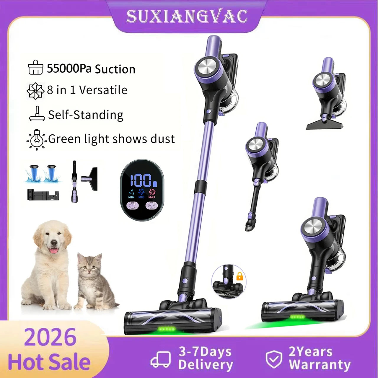 SUXIANGVAC Cordless Vacuum Cleaner 500W 55KPa Self Standing LED Screen