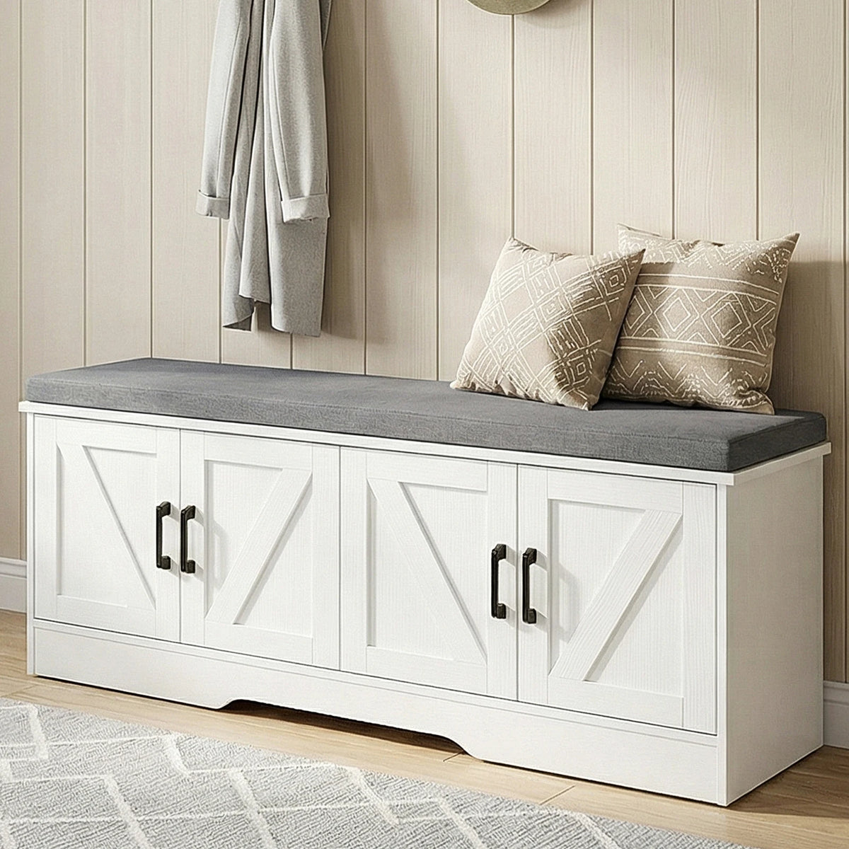 JHK Storage Bench Shoe Organizer With Padded Seat And Doors