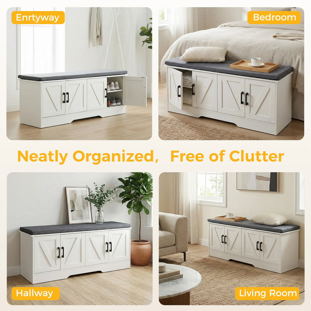 JHK Storage Bench Shoe Organizer With Padded Seat And Doors