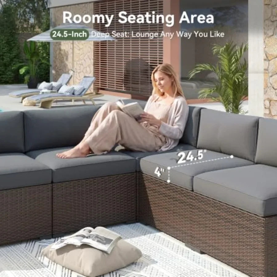 Outdoor Wicker Patio Conversation Set With Cushioned Sectional Sofa