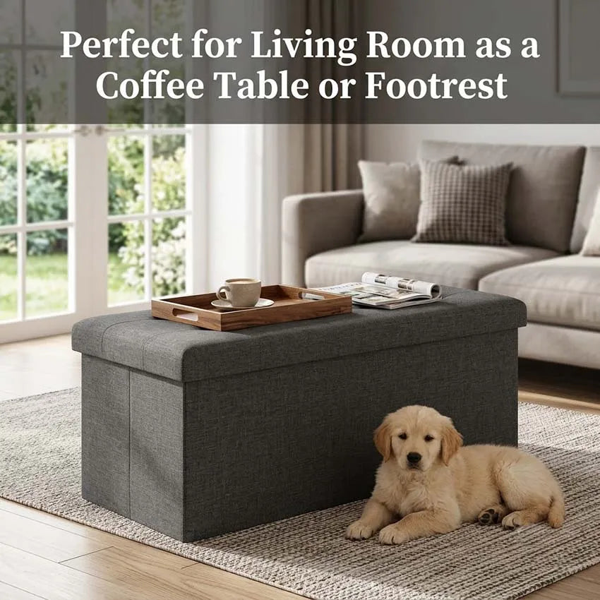 Folding Storage Ottoman Bench Gray Tufted Fabric Footrest