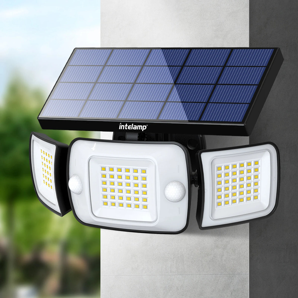 Intelamp Outdoor Solar Flood Light With Dual Motion Sensors for Yards