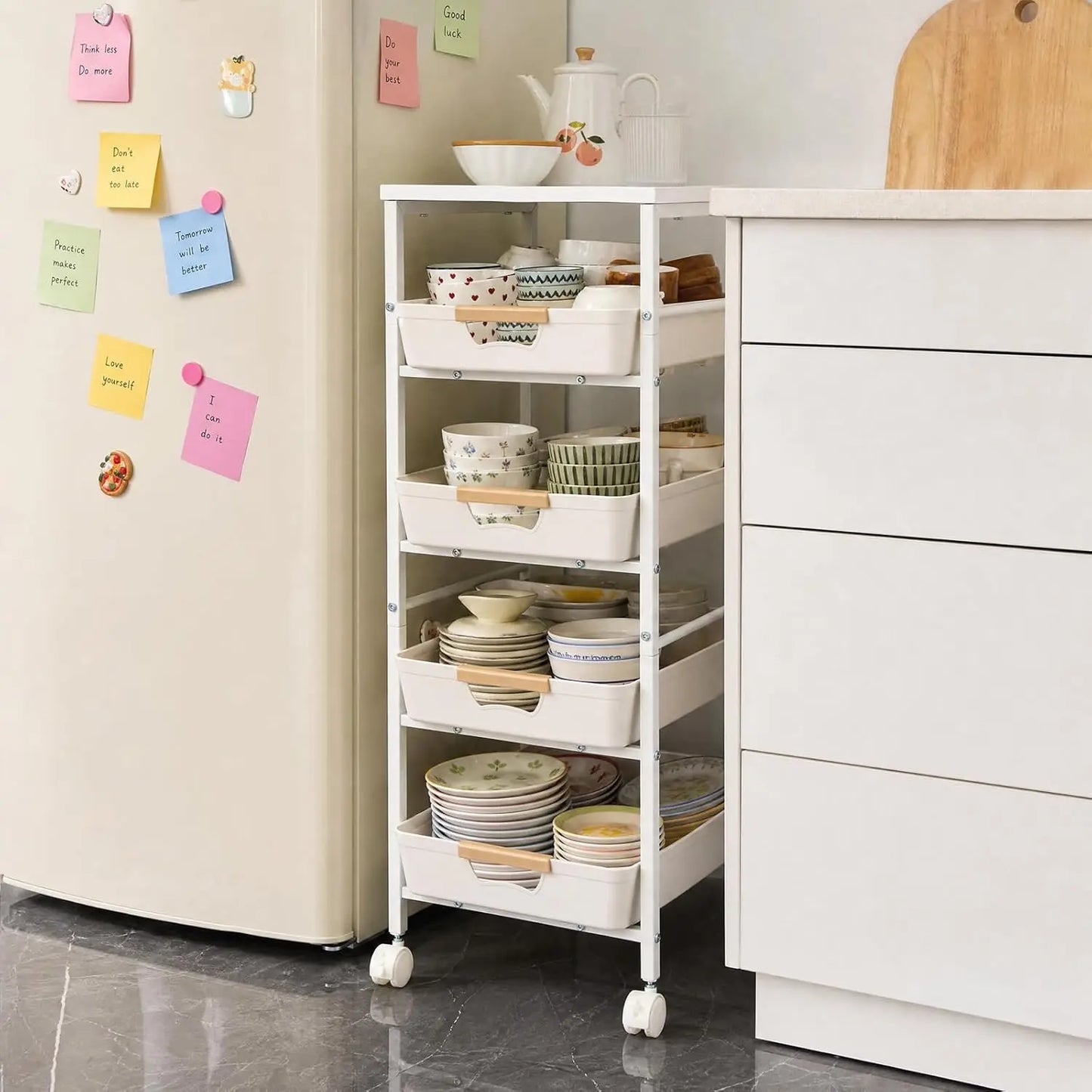 HiMISS 5 Tier Slim Rolling Storage Cart Wooden Top Organizer