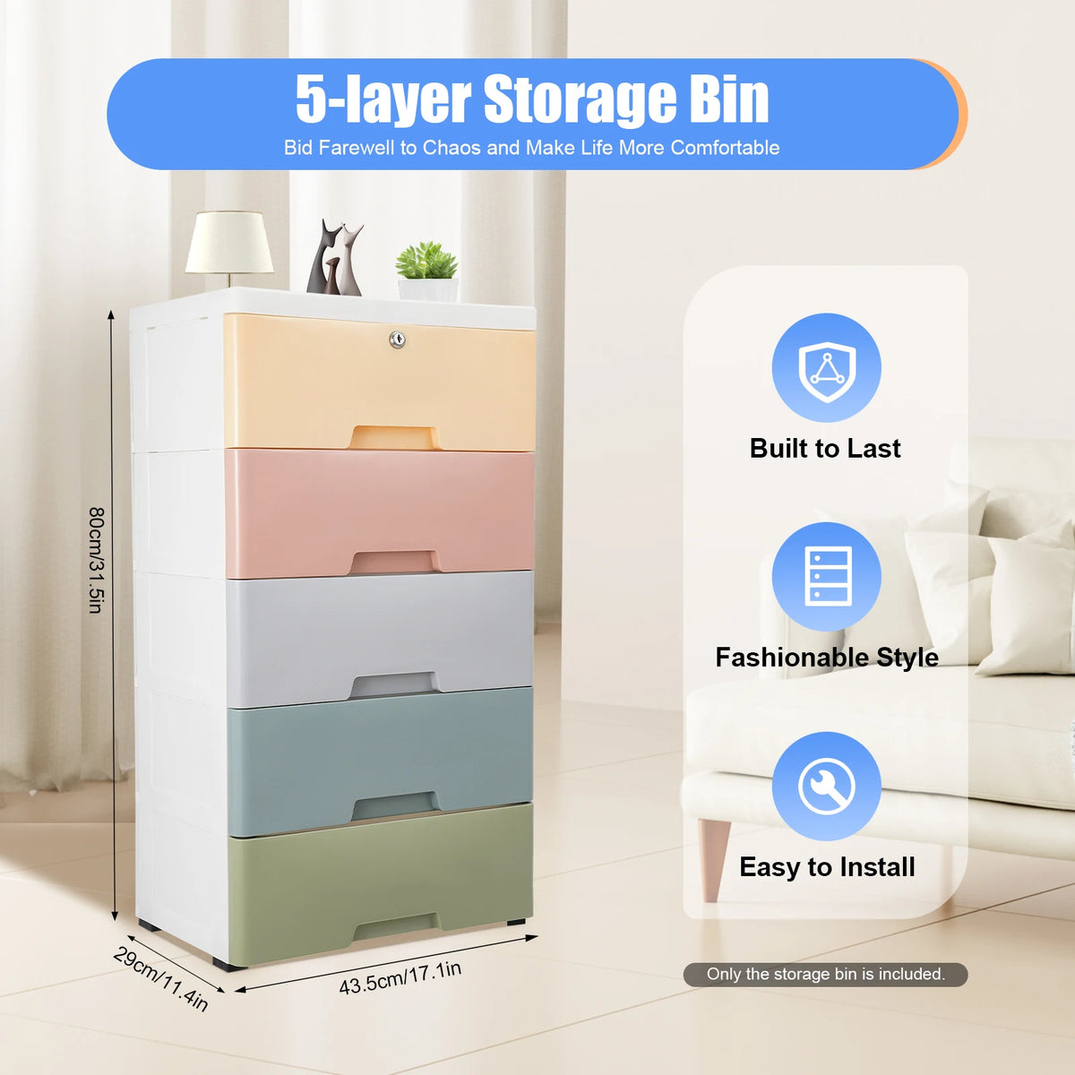 Plastic Drawers Dresser 5 Layer Storage Cabinet Macaron Color Lock Organizer Fully Pull Out Handle Large Capacity Bedroom Living Room Kids Room 43.5x29x80cm
