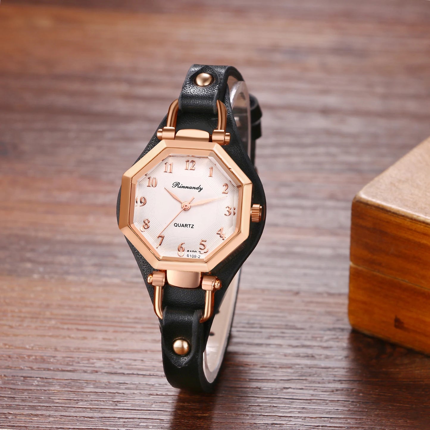 JewelryWe Ctagonal Leather Bracelet For Women Waterproof Analog Quartz Watch