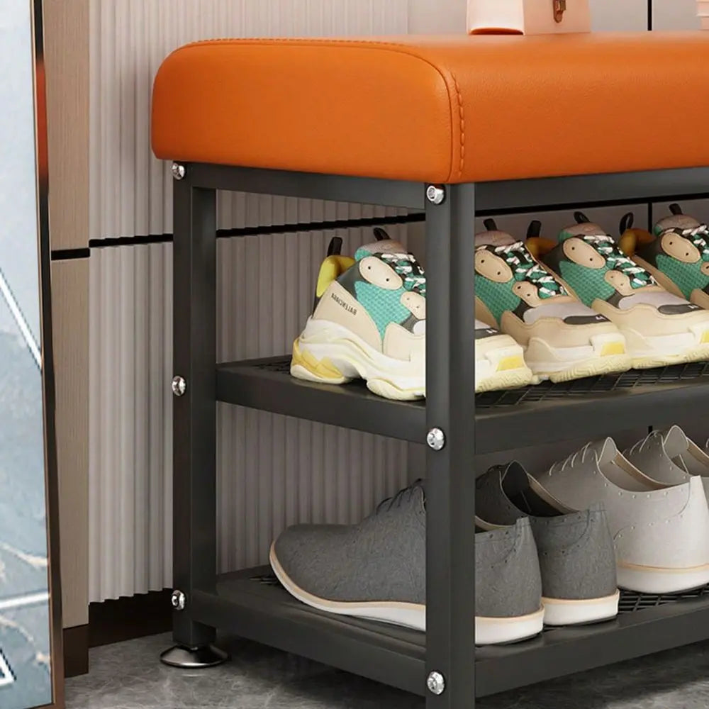 Storage Bench With Cushioned Seat And Metal Frame Shoe Organizer