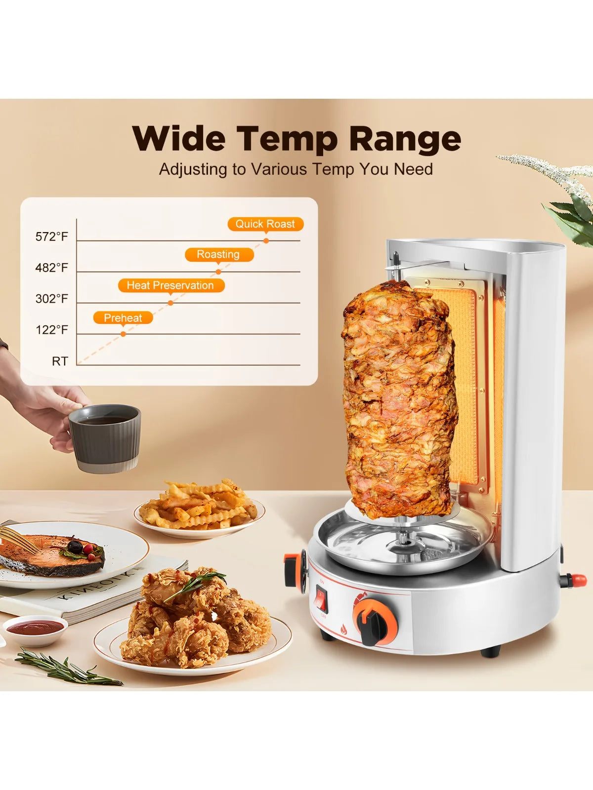 Electric Vertical Broiler 360° rotating Shawarma Gas Rotisserie Gyro Grill Machine with 2 Burner for Commercial Home Kitchen