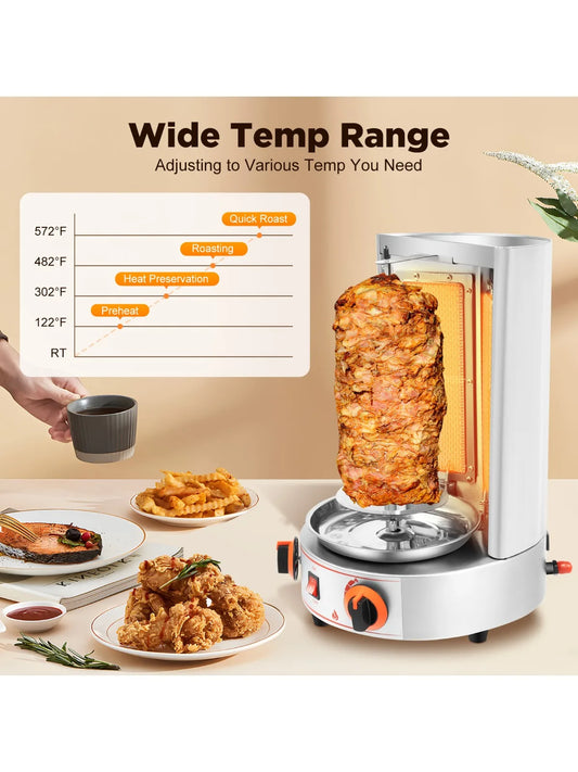 Electric Vertical Broiler 360° rotating Shawarma Gas Rotisserie Gyro Grill Machine with 2 Burner for Commercial Home Kitchen