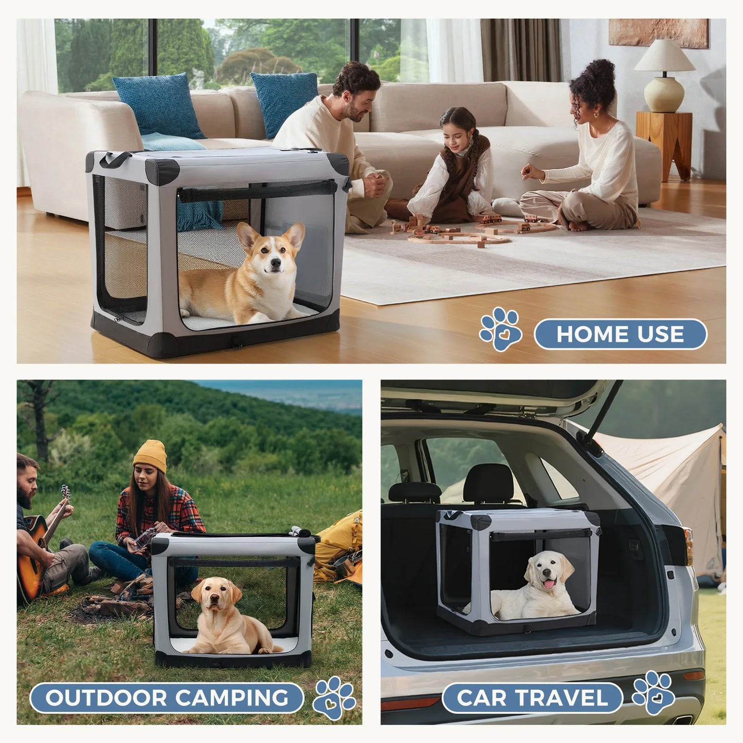 JHK Foldable Soft Dog Crate With Three Durable Doors