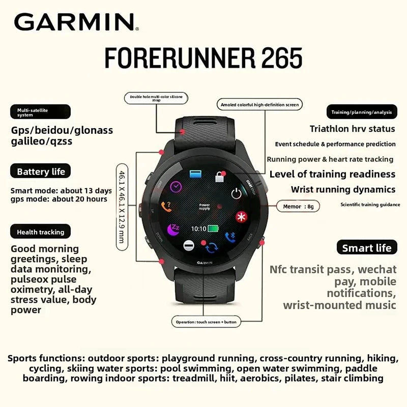 Garmin Forerunner 265 GPS Smartwatch AMOLED Display Heart Rate Monitoring