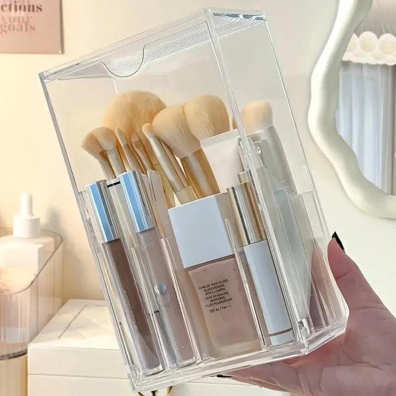 Clear Acrylic 17-Slot Makeup Brush Holder With Tilt Open Lid