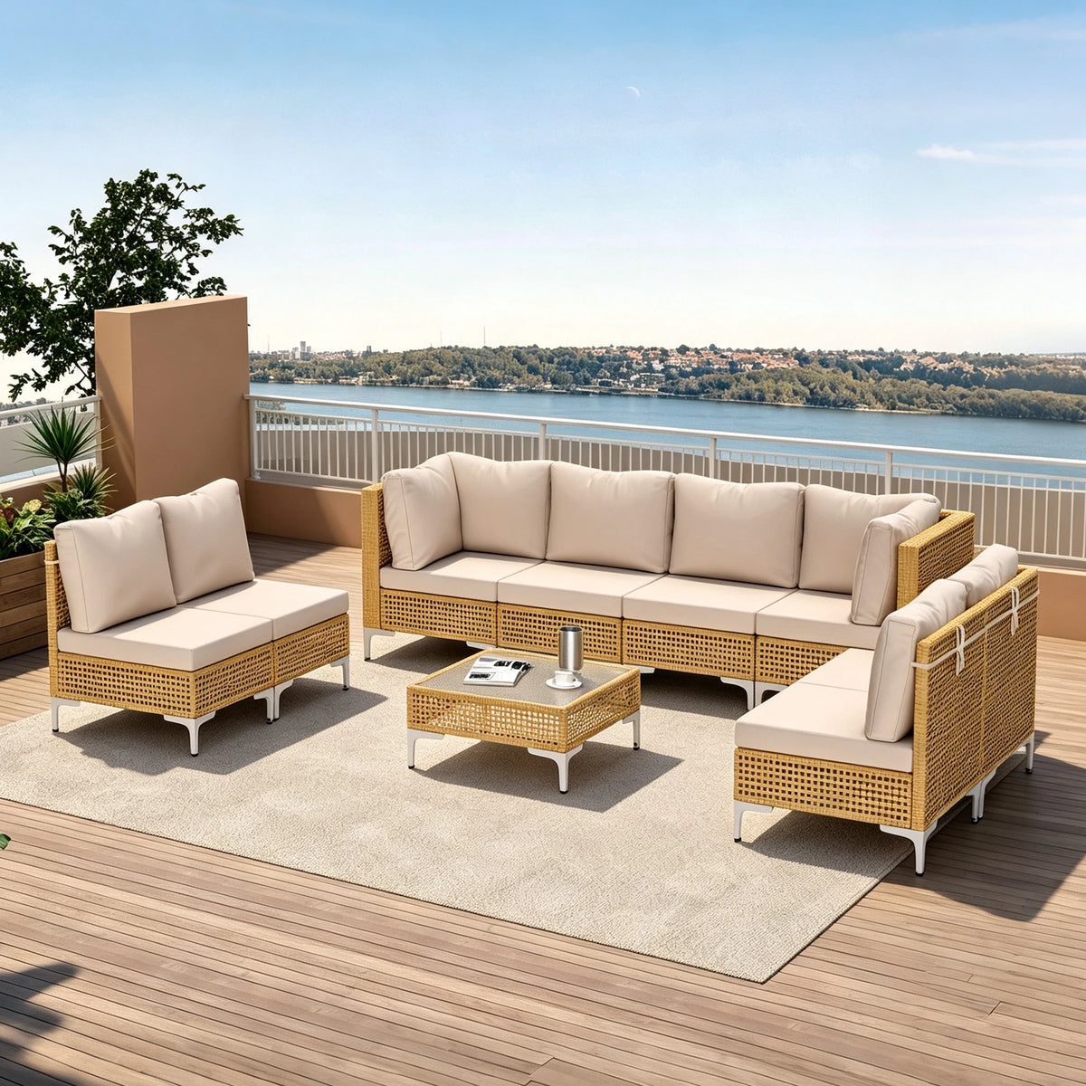 Outdoor Wicker Sectional Sofa Set With Cushions And Glass Table