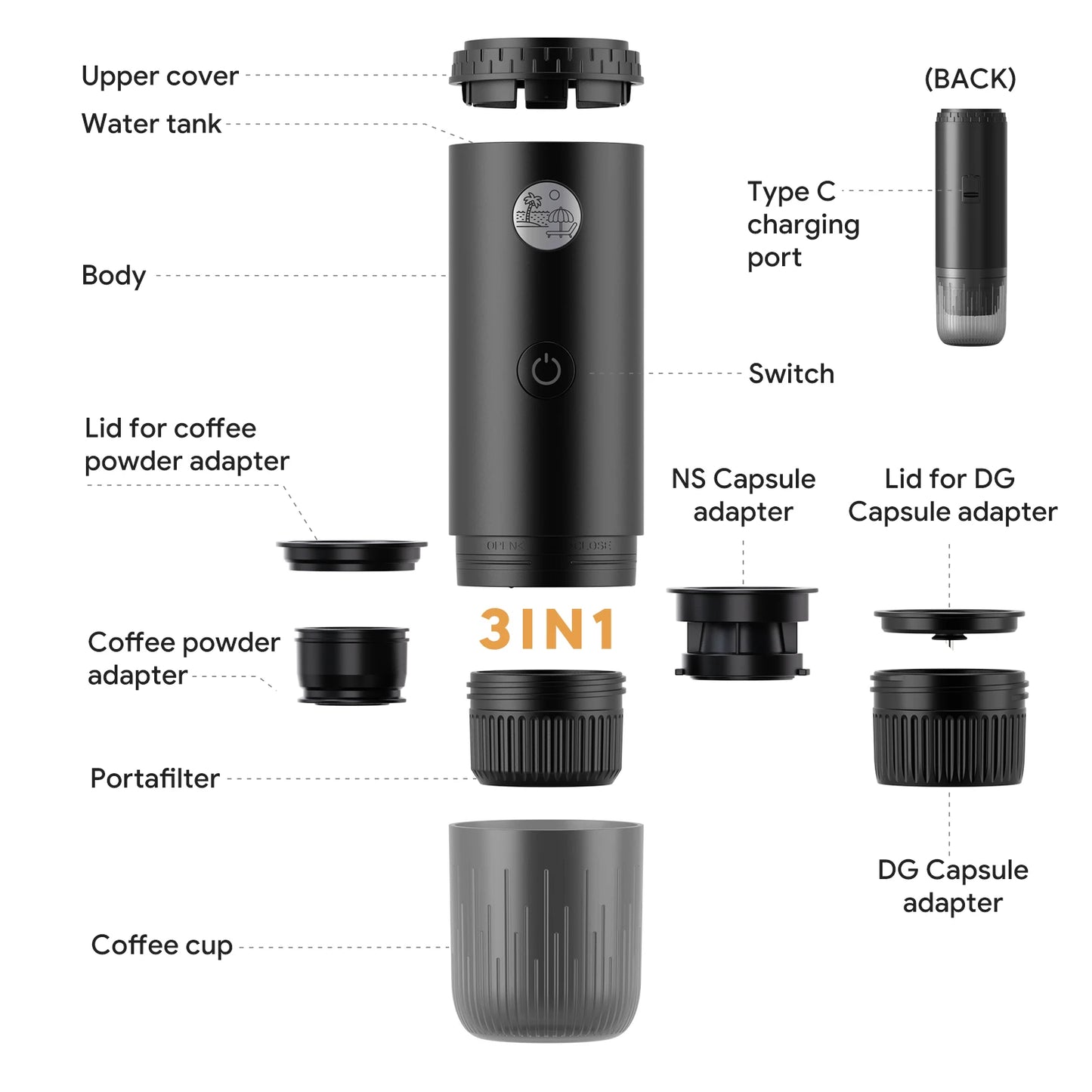 Portable 2-In-1 and 3-In-1 Capsule and Ground Coffee Maker