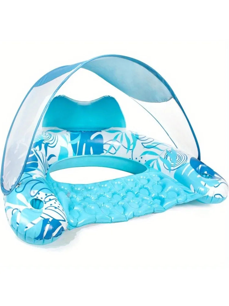Inflatable Pool Float With Canopy Lounge Chair And Cup Holders
