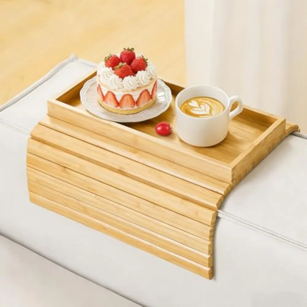 Bamboo Armrest Tray With Storage Box And Non Slip Base