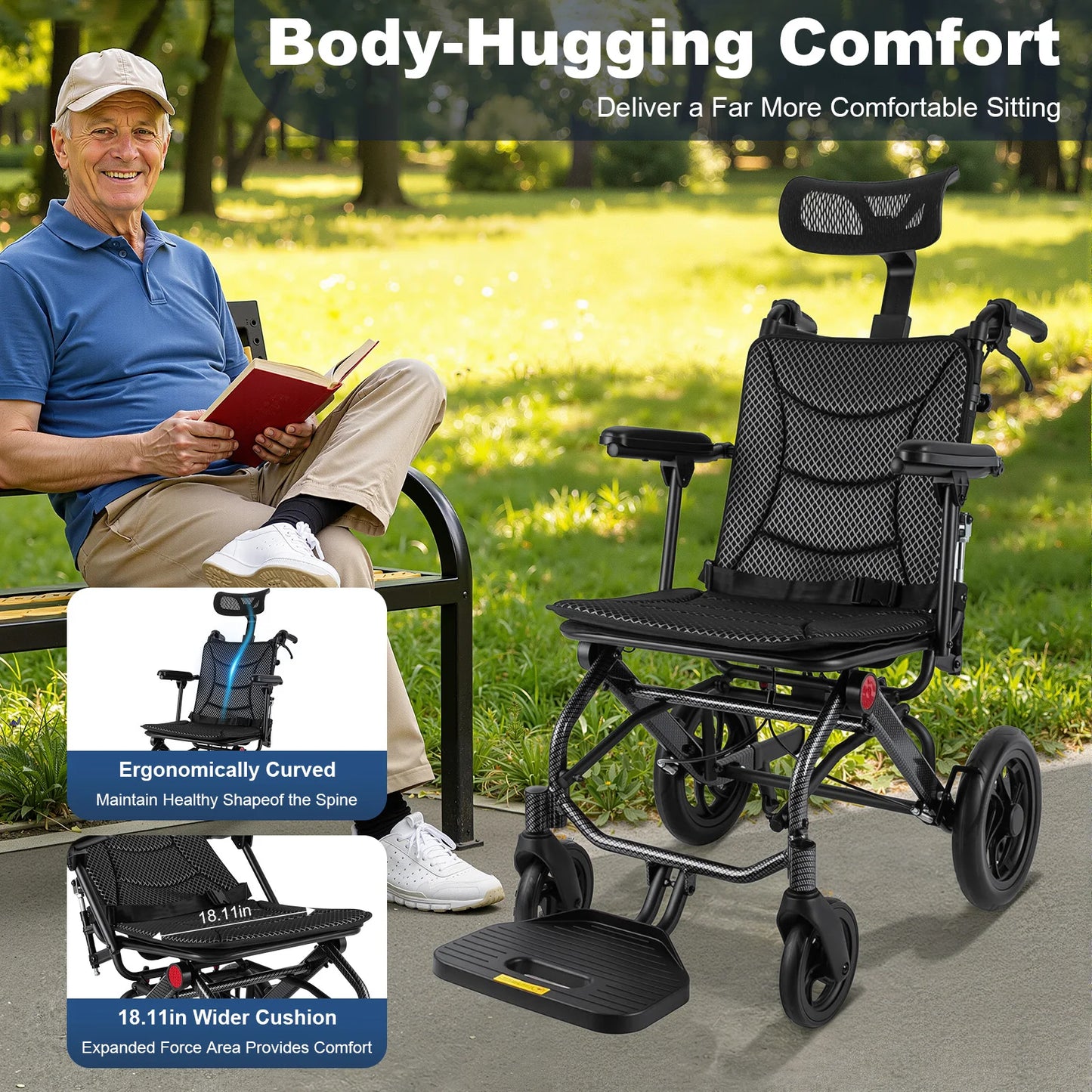 Foldable Reclining Wheelchair With 90 To 175 Degrees Adjustable Backrest
