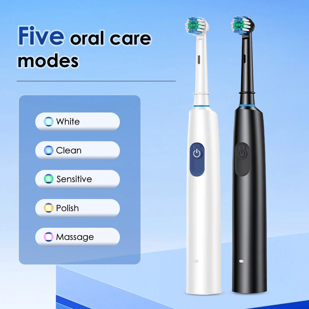 Rotary Electric Toothbrush Rechargeable for Adults, 5 Modes, 4 Heads