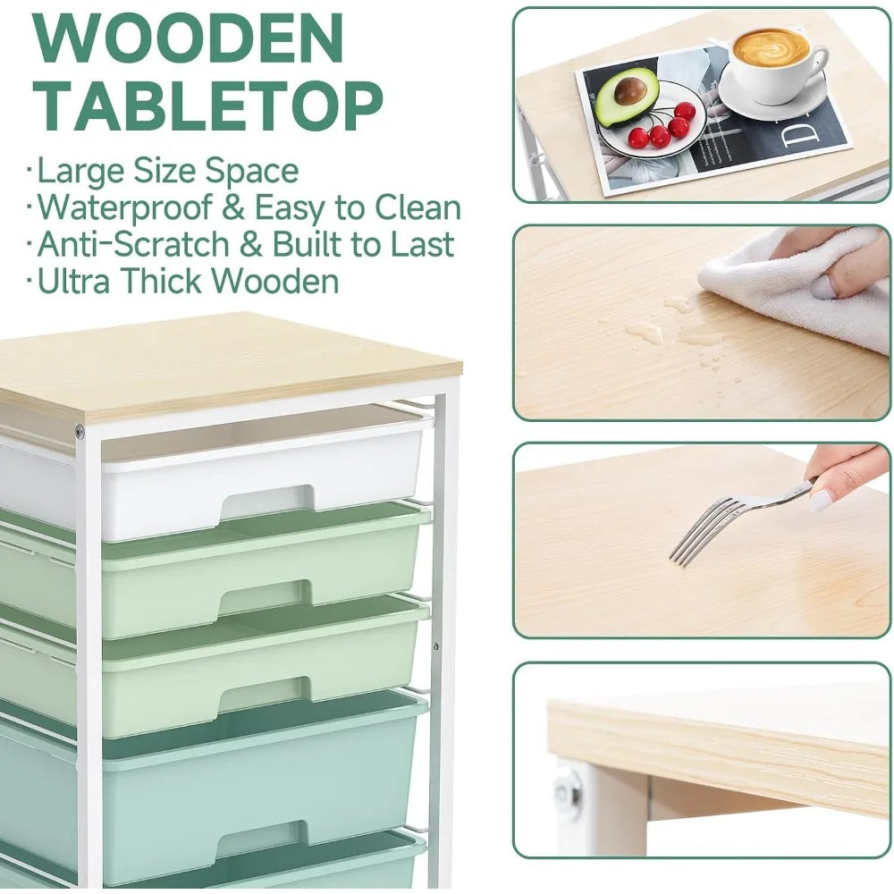 Five Drawer Rolling Utility Cart With Wooden Top Locking Wheels
