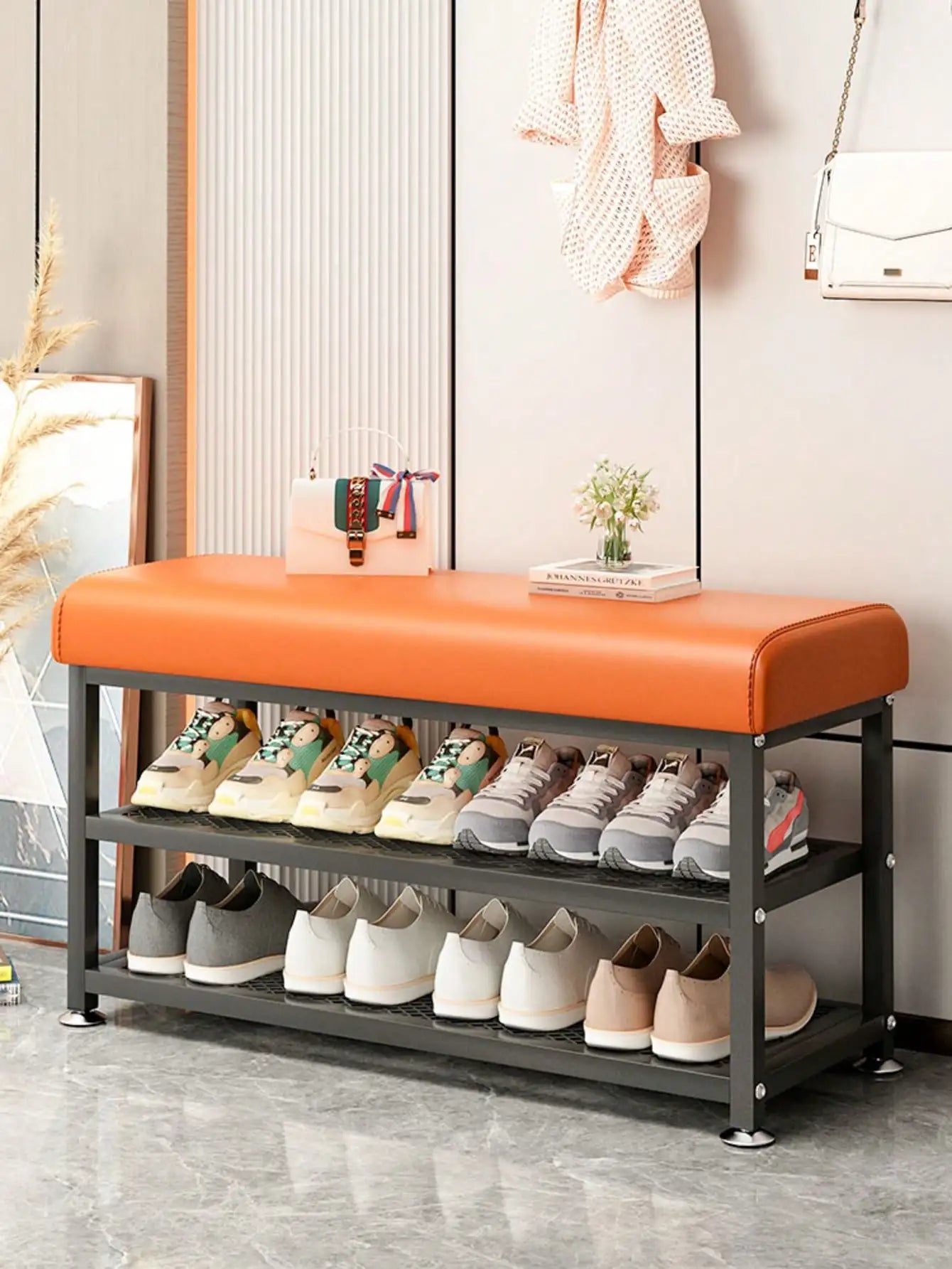 Storage Bench With Cushioned Seat And Metal Frame Shoe Organizer