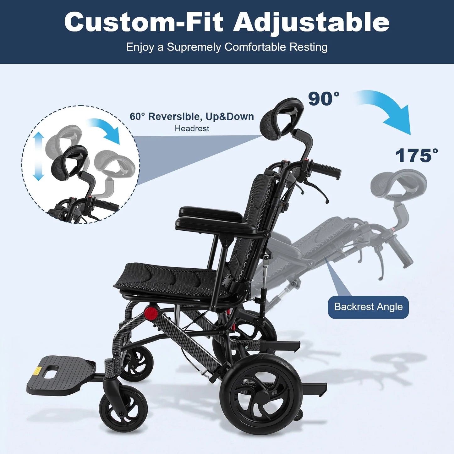 Foldable Reclining Wheelchair With 90 To 175 Degrees Adjustable Backrest