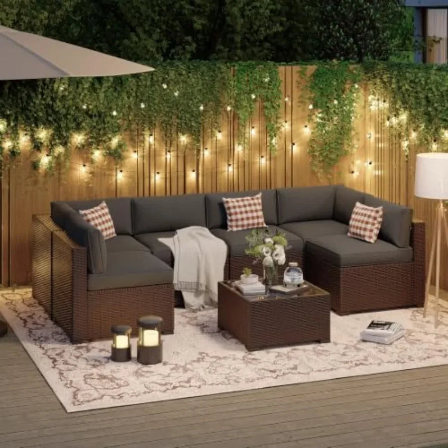 Outdoor Wicker Patio Conversation Set With Cushioned Sectional Sofa