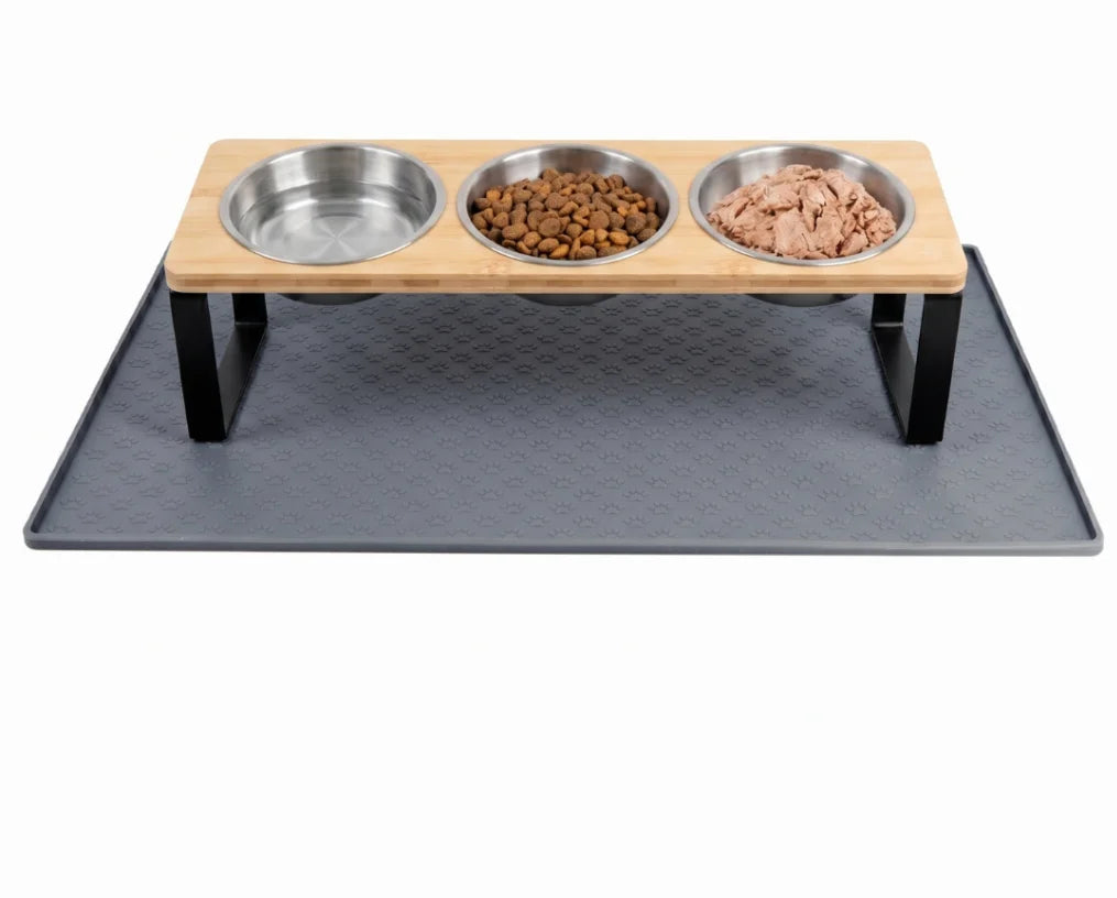 Elevated Cat Feeder With Bamboo Stand And Stainless Steel Bowls