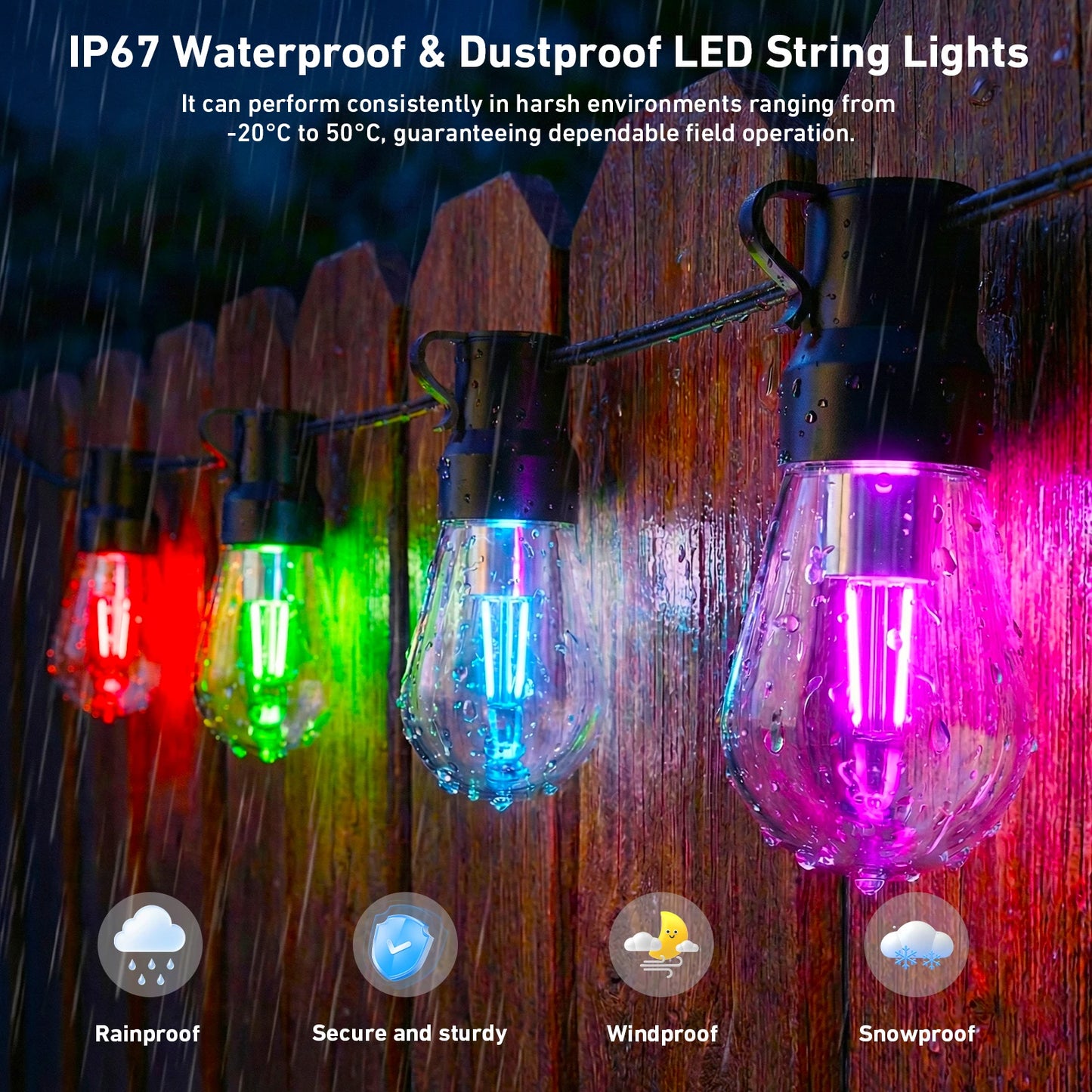 Waterproof Outdoor String Lights With Smart App Control Dimmable Led