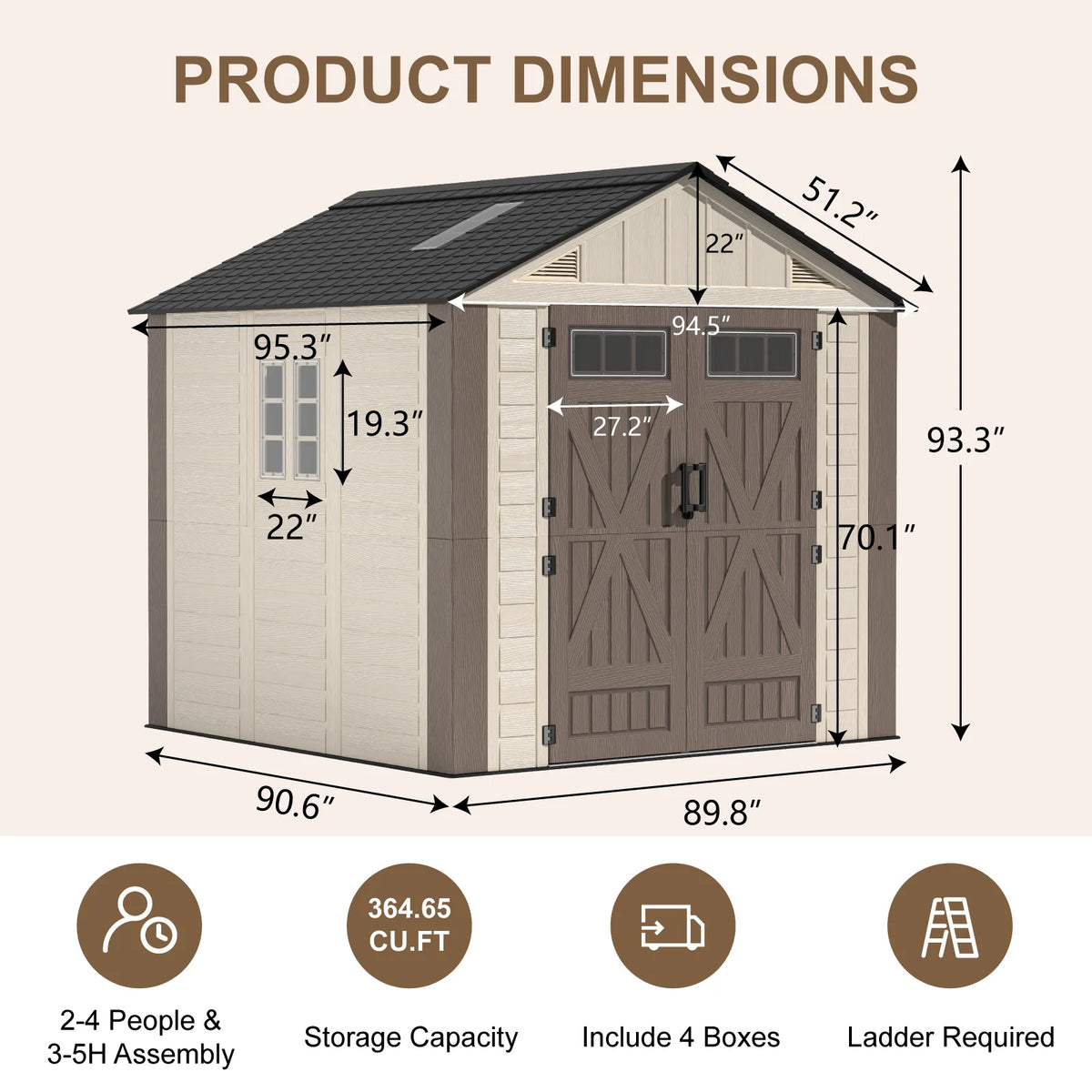 EVOKEDEN Outdoor Resin Storage Shed With Floor And Double Doors