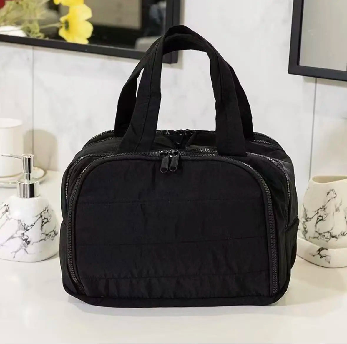 Multi Compartment Polyester Cosmetic Bag For Travel And Home Use