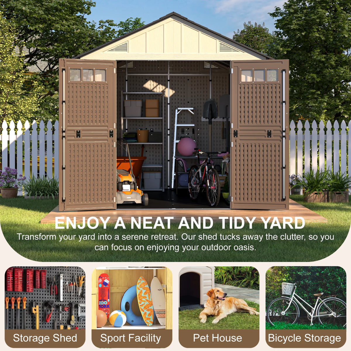 EVOKEDEN Outdoor Resin Storage Shed With Floor And Double Doors