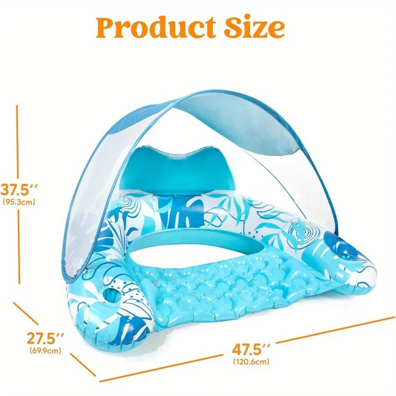 Inflatable Pool Float With Canopy Lounge Chair And Cup Holders