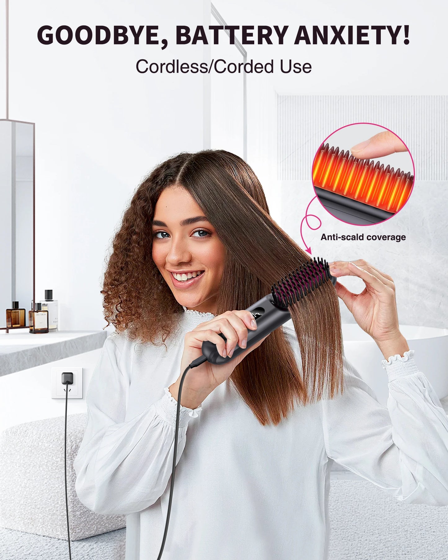 BOPCAL Cordless Hair Straightener Brush 10000mAh LED Display Negative Ions