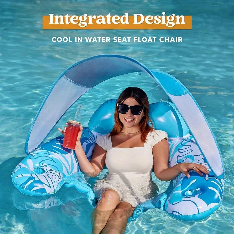 Inflatable Pool Float With Canopy Lounge Chair And Cup Holders