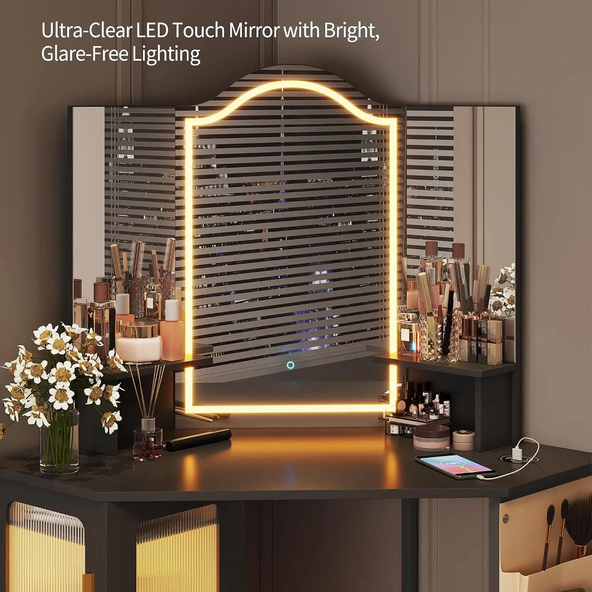Modern Corner Vanity Desk With Illuminated Mirror And Charging Hub