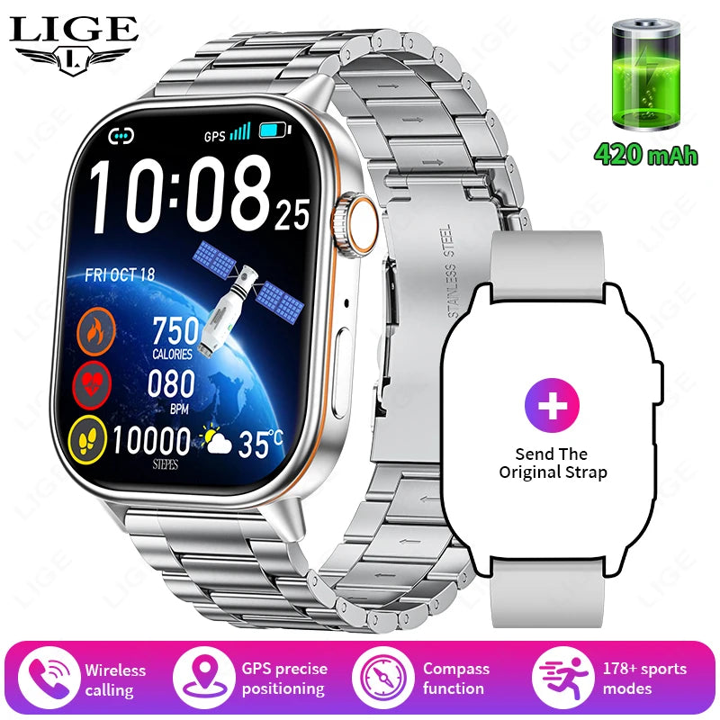 LIGE GPS Smartwatch For Android iOS HeartRate Bluetooth Calling IP68