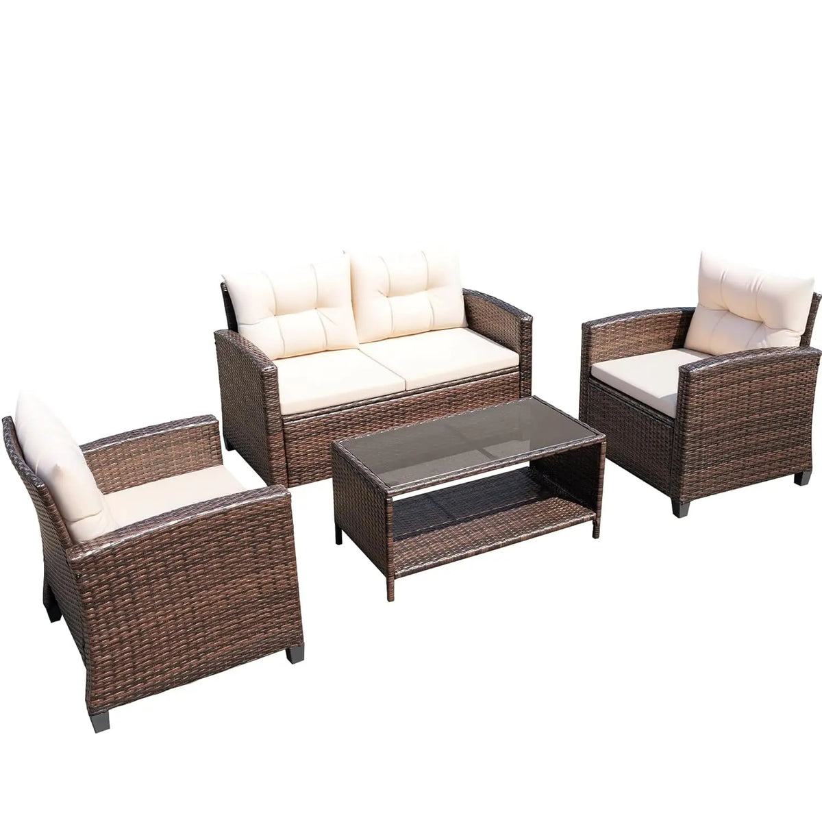 Outdoor PE Rattan Patio Conversation Set With Cushions And Table