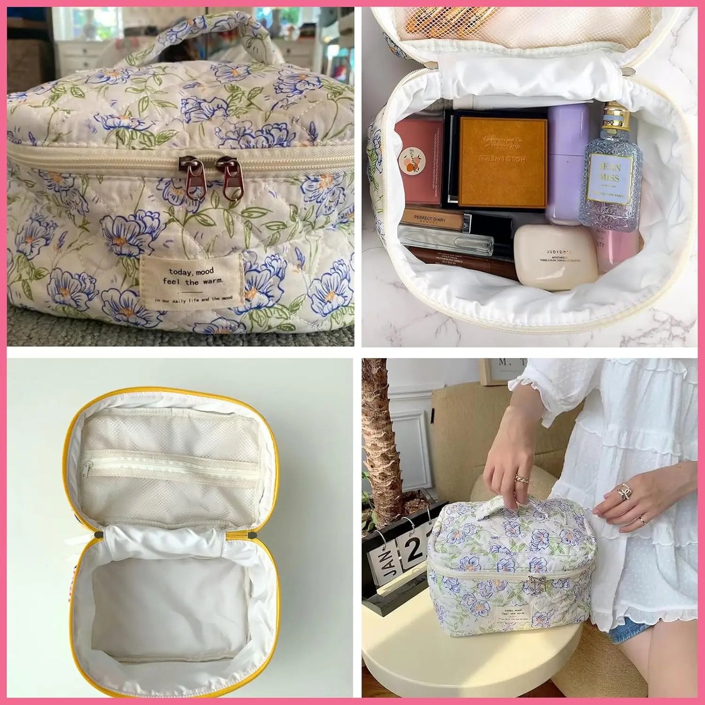 Quilted Floral Travel Makeup Bag Cotton Cosmetic Organizer